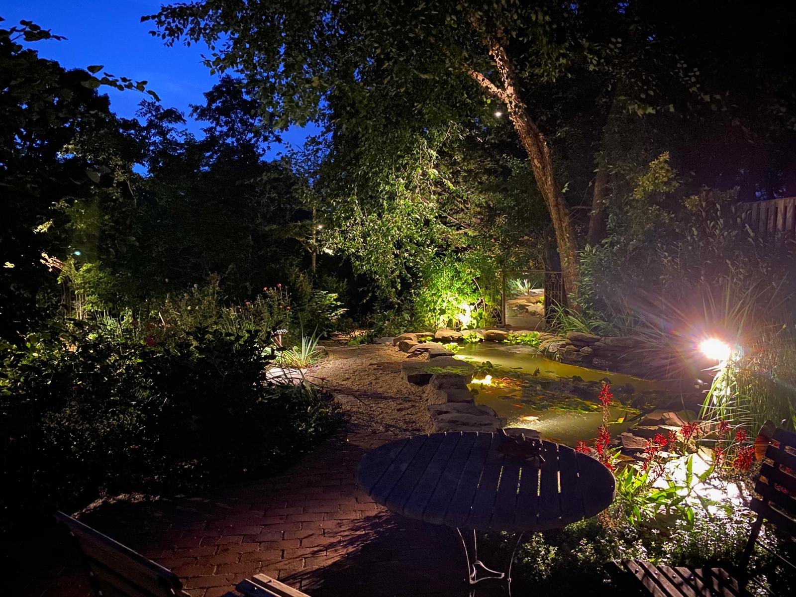 Night garden lighting along a path